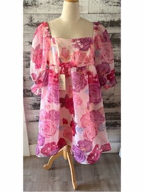 NWT JessaKae Pink and Purple Floral Puff Sleeve Babydoll Dress
